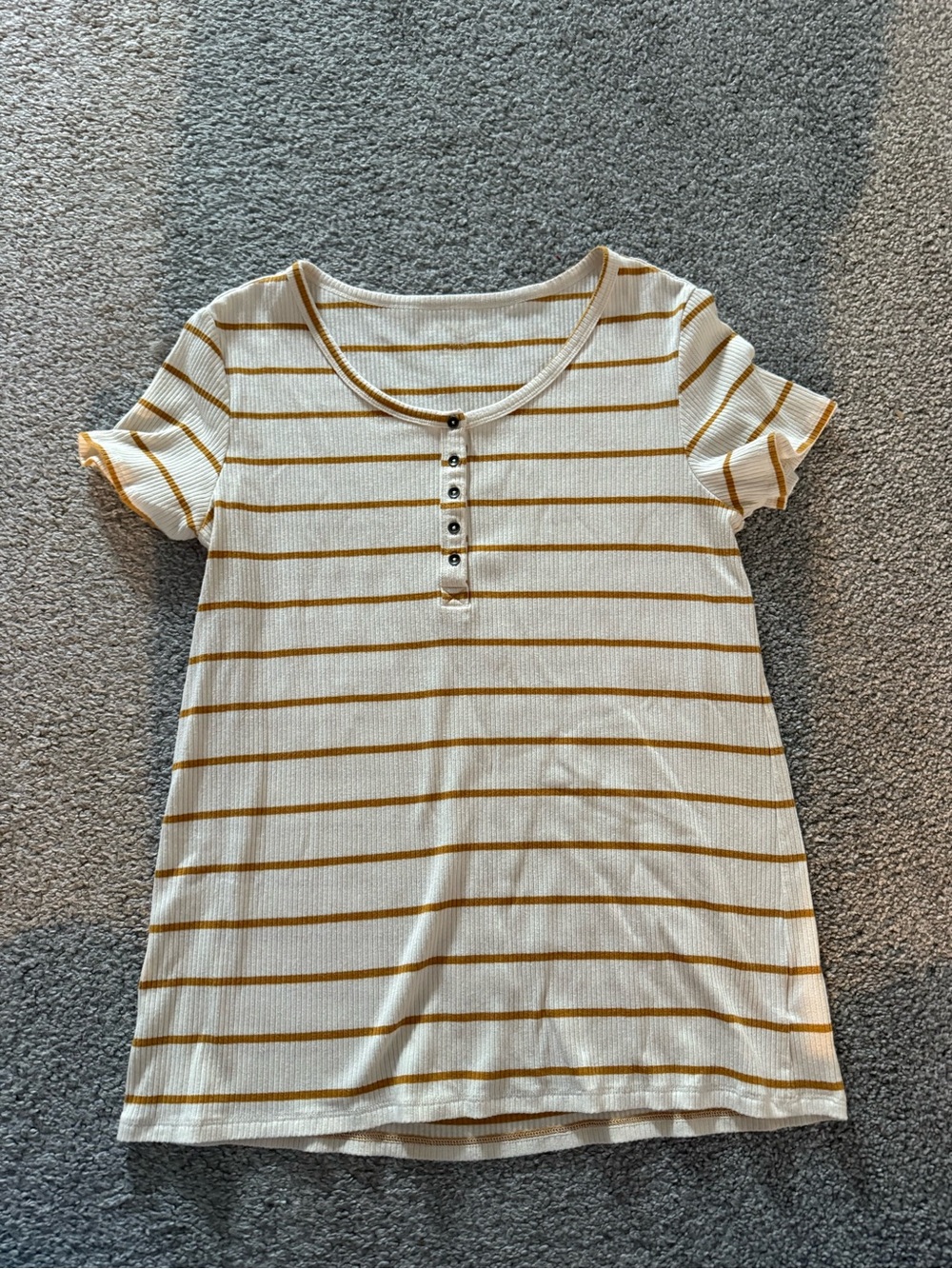 American Eagle Outfitters Cream and Mustard Striped Short Sleeve Henley Tee